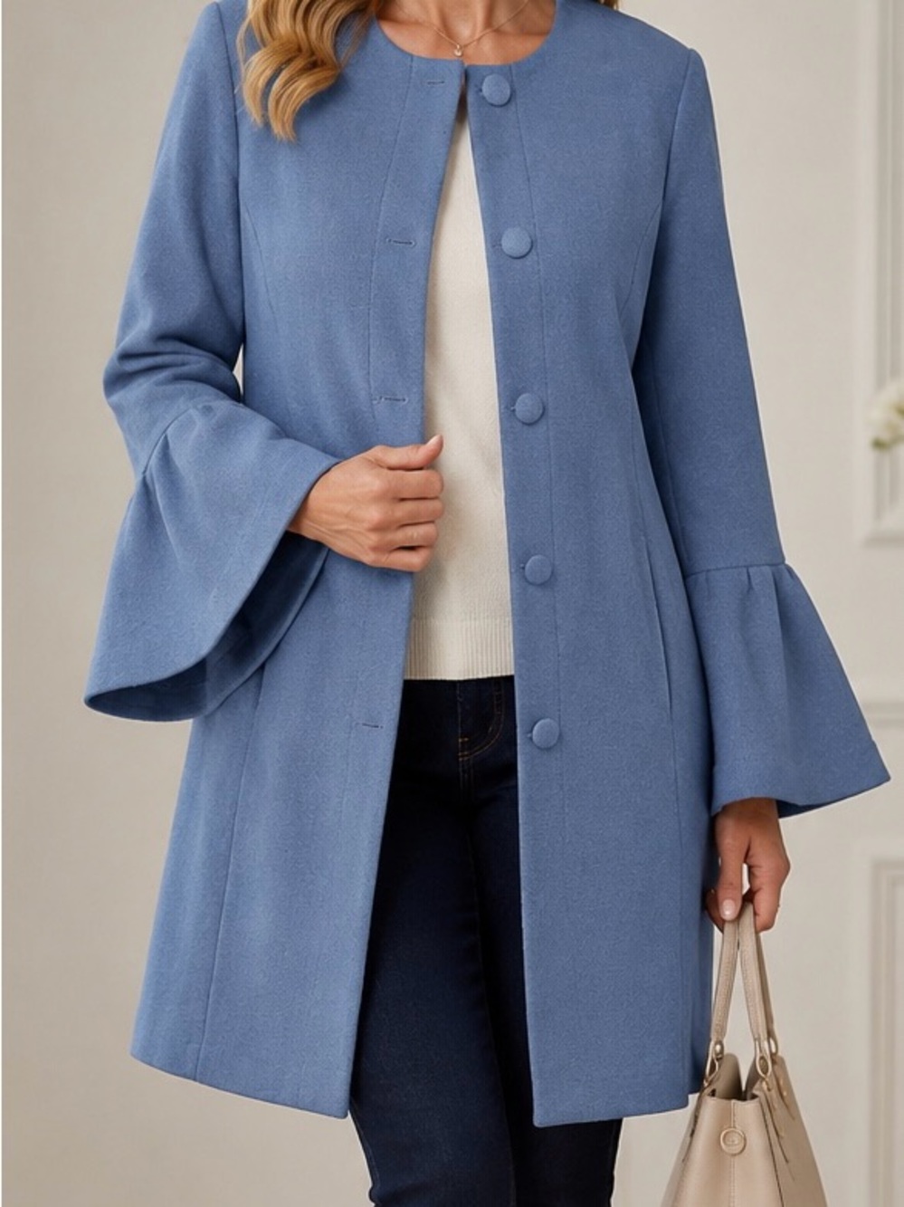 Nanette Lepore 100% Wool Coat Size M Cinderella Dusty/Blue Bell Sleeves